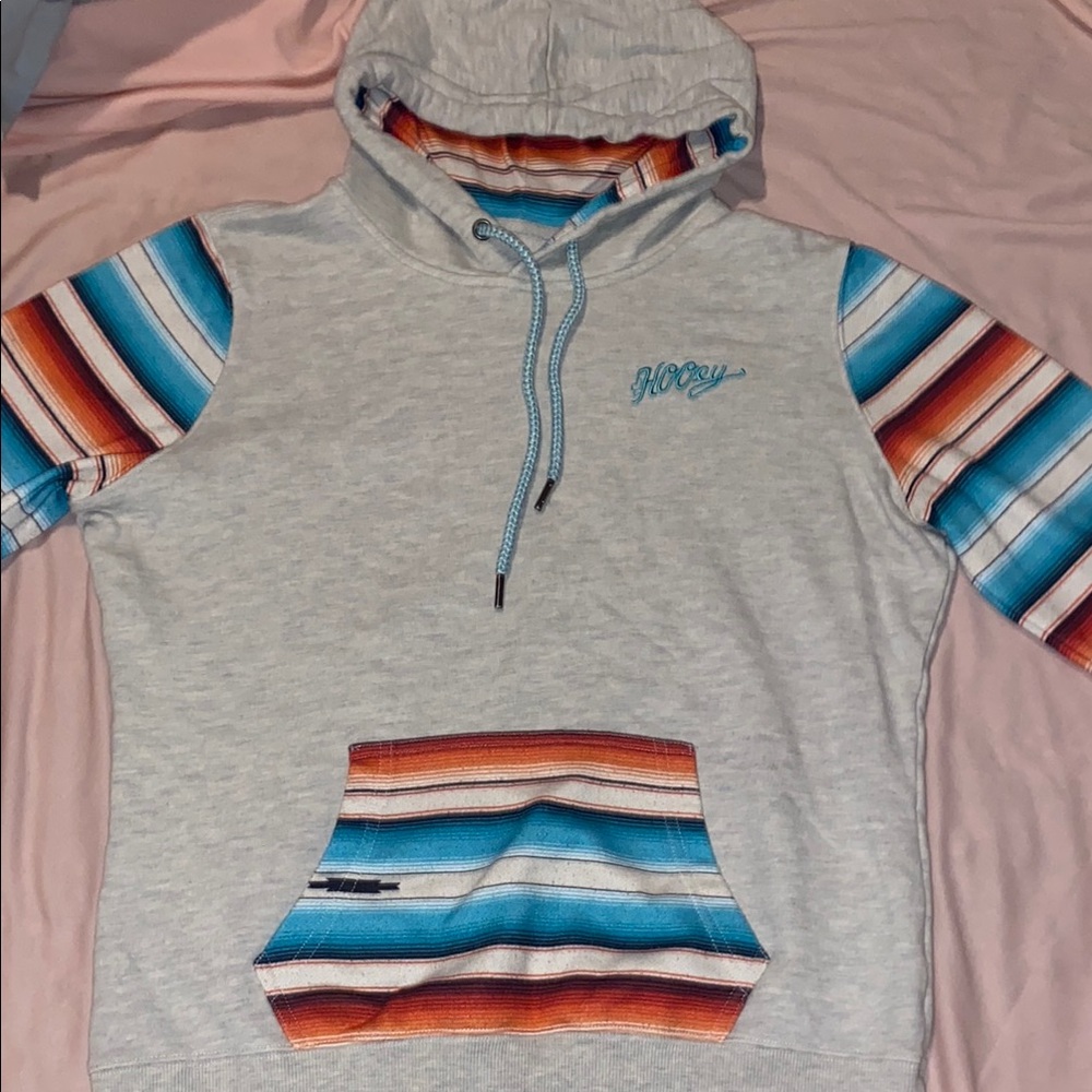 Gray Hoodie with Multicolor Striped Sleeves
